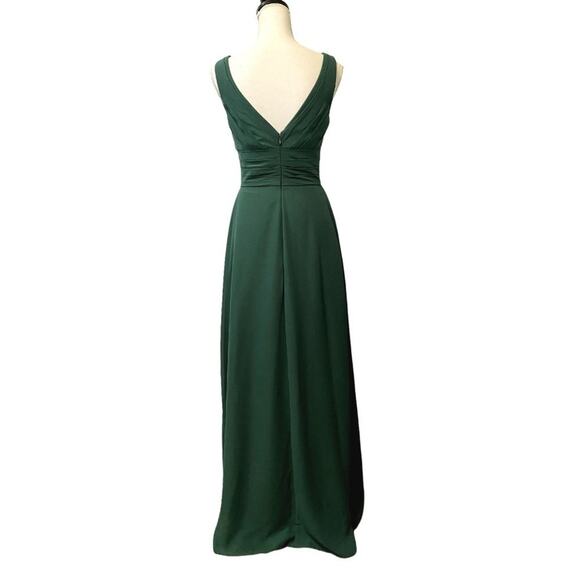 Azazie Size 4 Julianna Formal Dress Maxi A Line Pleated Waist V Neck Dark Green - Picture 2 of 14